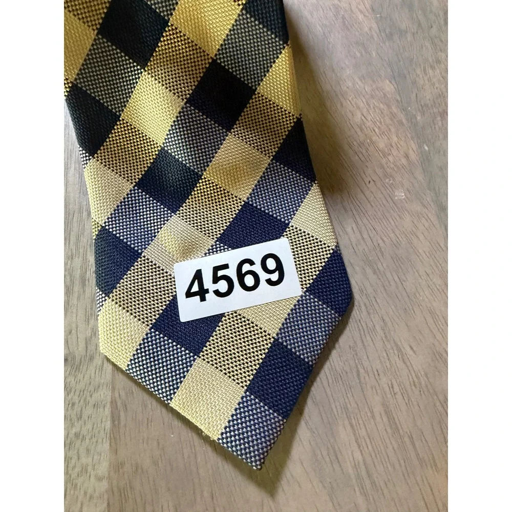 Pierre‎ Cardin Mens Necktie Gingham Check Navy Blue Yellow One Size